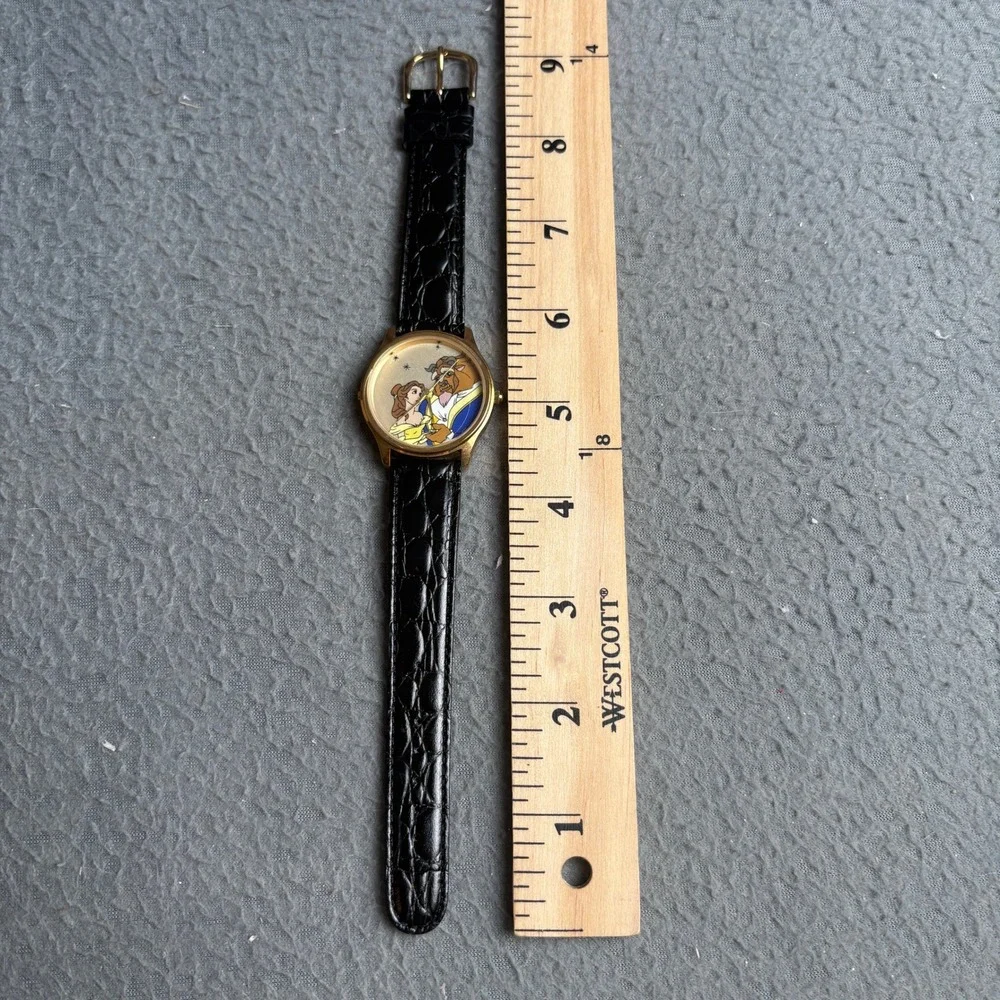 Vintage 1990s Disney Beauty and the Beast Musical Quartz Watch Gold Tone Leather